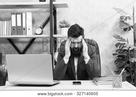 Crisis Problem. Businessman In Formal Outfit. Confident Man Use Laptop And Smartphone. Boss Workplac