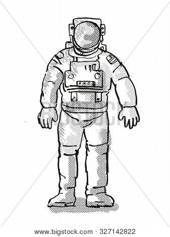 Retro Cartoon Style Drawing Of A Vintage Astronaut Or Spaceman Wearing Spacesuit Viewed From Front O