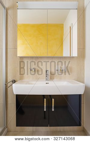 Front view with cabinet with sink and mirror. On the right the vestri of a shower. Detail