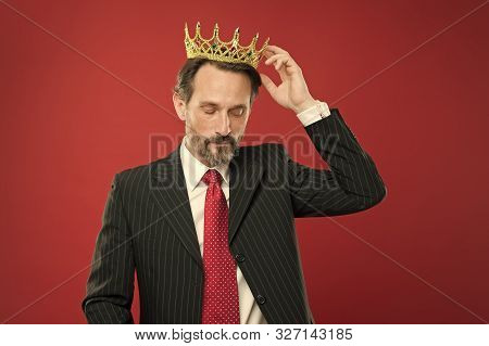 Living Life Like Big Boss. Big Boss Wearing Jewelry Crown On Red Background. Powerful Big Boss With 