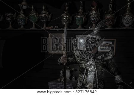 Bangkok, Thailand 07 Aug 2019 : Portrait Khon Mask Tos-sa-kun From Ramayana Epic Story At Baan Silap
