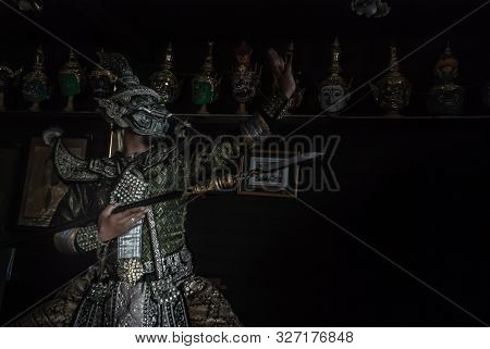 Bangkok, Thailand 07 Aug 2019 : Portrait Khon Mask Tos-sa-kun From Ramayana Epic Story At Baan Silap