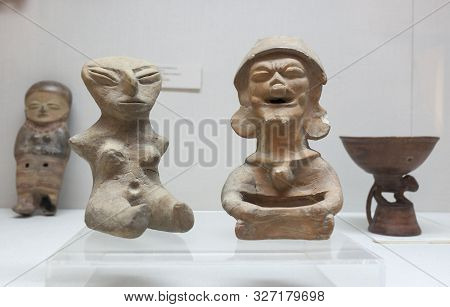 Caceres, Spain - March 28th, 2019: Guangala Civilization Figurines, Pre-hispanic Ecuadorian People. 