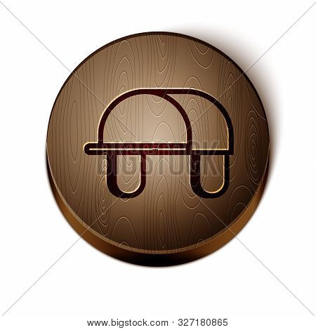 Brown Line Hunter Hat Icon Isolated On White Background. Plaid Winter Hat. Wooden Circle Button. Vec