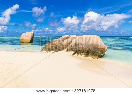 The Most Beautiful Beach Of Seychelles, Anse Source Dargent, Granite Rocks At Beautiful Beach On Tro