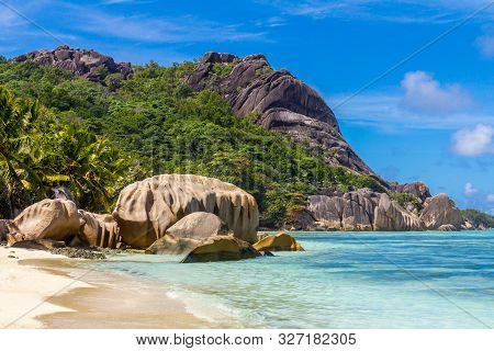 The Most Beautiful Beach Of Seychelles, Anse Source Dargent, Granite Rocks At Beautiful Beach On Tro