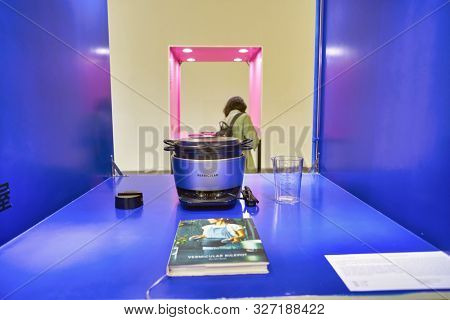 SHENZHEN, CHINA - CIRCA APRIL, 2019: Vermicular Musui-Kamado cast iron induction cooker on display at Shenzhen Design Week space in Shenzhen Convention & Exhibition Center.