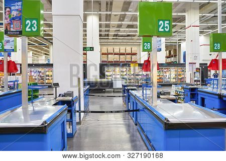 SHENZHEN, CHINA - APRIL 22, 2019: checkout counters at Sam's Club store in Shenzhen. Sam's Club is an American chain of membership-only retail warehouse clubs owned and operated by Walmart Inc.