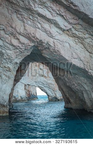 Blue Caves On Zakynthos Island - Greece. See Thru Caves Shore.