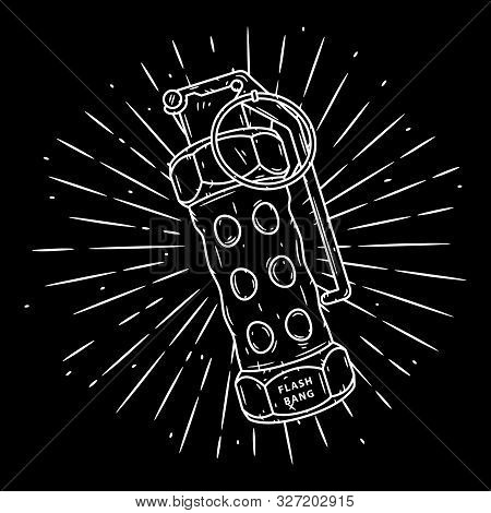 Flash Grenade. Hand Drawn Vector Illustration With A Grenade And Divergent Rays. Used For Poster, Ba