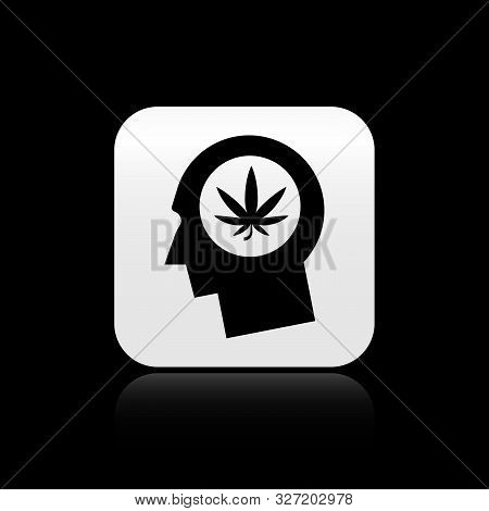 Black Silhouette Of Male Head In Profile With Marijuana Or Cannabis Leaf Icon Isolated On Black Back