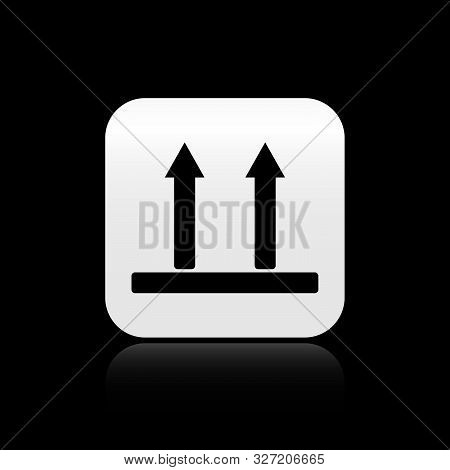 Black This Side Up Icon Isolated On Black Background. Two Arrows Indicating Top Side Of Packaging. C