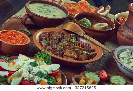 Bulgarian National  Cuisine, Traditional Assorted Balkans Dishes, Top View.