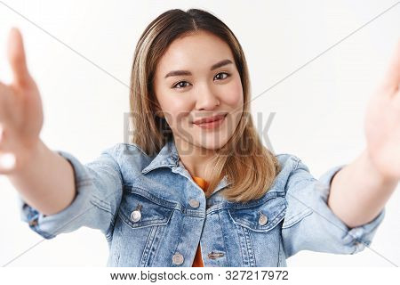 Tender Feminine Happy Cute Asian Blong Girl Taking Summer Selfie Stretch Arms Forward Hold Camera Sm