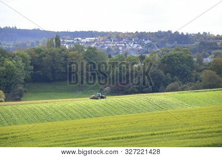 View Over The Heckengaeu At Weissach With Its Fields, Meadows And Orchards In Autumn