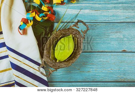 Jewish Ritual Festival Of Sukkot In The Jewish Religious Symbol Etrog, Lulav, Hadas Arava Kippah And