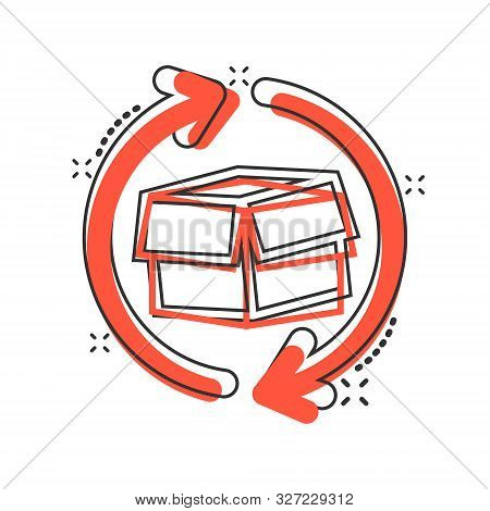 Vector Cartoon Box Package Return Icon In Comic Style. Delivery Box With Arrow Concept Illustration 