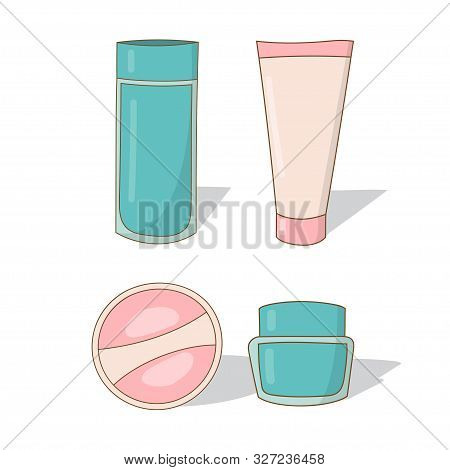 Skin Care Cosmetic Designs And Facial Cleansers For Women Isolated White Background. Cosmetics Icon 