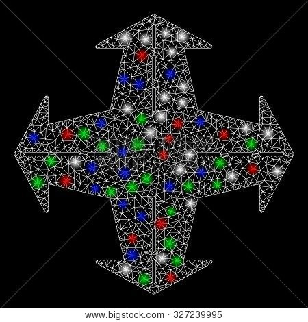 Bright Mesh Intersection Directions With Glow Effect. White Wire Frame Polygonal Network In Vector F