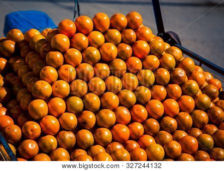 Street Market In Cajamarca Peru With Fresh Oranges
