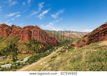 Seven Bulls Jeti Ogyz Valley Red Sandstone Formation In Kyrgyzstan