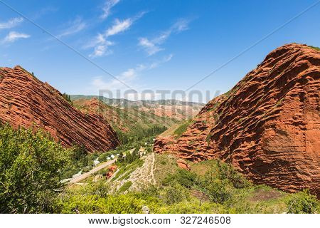 Seven Bulls Jeti Ogyz Valley Red Sandstone Formation In Kyrgyzstan