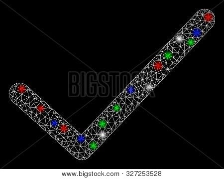 Bright Mesh Ok Tick With Glare Effect. White Wire Carcass Triangular Network In Vector Format On A B