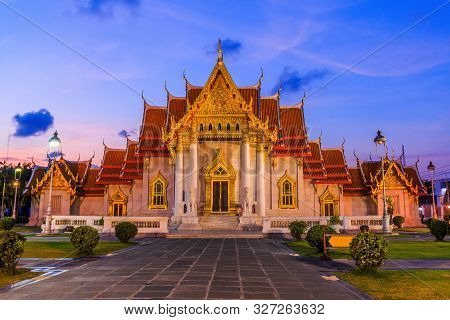 Bangkok, Thailand. The Marble Temple, Wat Benchamabopit Dusitvanaram At Sunset.