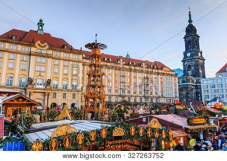 Dresden, Germany - 16 December, 2016: People Visit Christmas Market Striezelmarkt In Dresden, German