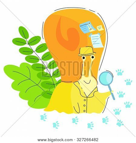 Vector Illustration Of A Detective Snail In Coat And Hat Looking For Someone S Footprints.