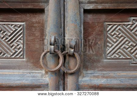Traditional Chinese Residences Interior Wooden Door And Metal Door Ring In Tianshui Folk Arts Museum