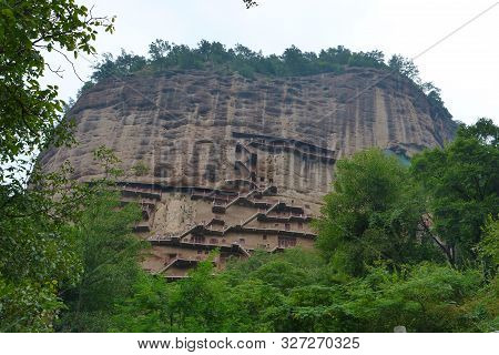 Maijishan Cave-temple Complex In Tianshui City, Gansu Province China. A Mountain With Religious Cave