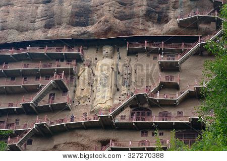 Maijishan Cave-temple Complex In Tianshui City, Gansu Province China. A Mountain With Religious Cave