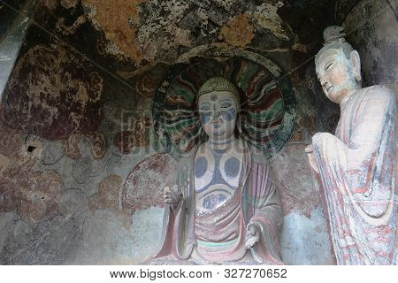 Maijishan Cave-temple Complex In Tianshui City, Gansu Province China. A Mountain With Religious Cave