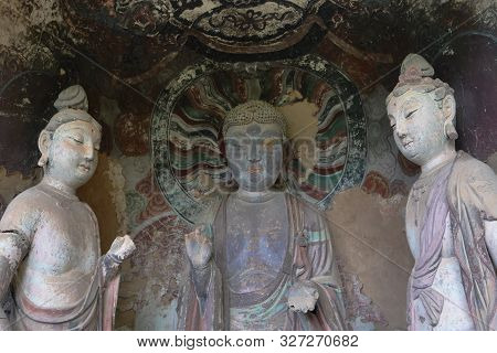 Maijishan Cave-temple Complex In Tianshui City, Gansu Province China. A Mountain With Religious Cave
