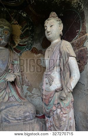 Maijishan Cave-temple Complex In Tianshui City, Gansu Province China. A Mountain With Religious Cave