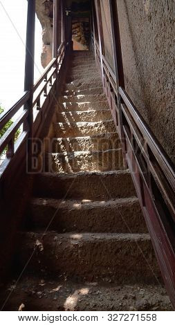 Maijishan Cave-temple Complex Steep Ladder In Tianshui City, Gansu Province China. A Mountain With R