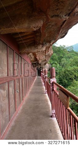 Maijishan Cave-temple Complex Corridor In Tianshui City, Gansu Province China. A Mountain With Relig