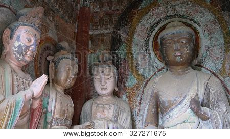 Maijishan Cave-temple Complex In Tianshui City, Gansu Province China. A Mountain With Religious Cave