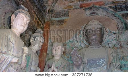 Maijishan Cave-temple Complex In Tianshui City, Gansu Province China. A Mountain With Religious Cave