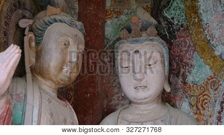 Maijishan Cave-temple Complex In Tianshui City, Gansu Province China. A Mountain With Religious Cave