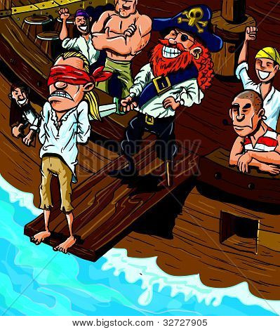 Pirata de dibujos animados caminar el tablón de un barco