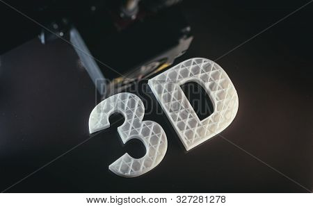 3D Printers. 3D Text White Color Abs Against Black Background,