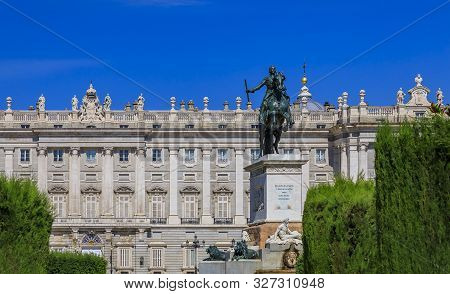 Large Equestrian Statue Of King Philip Iv In The Center Of Plaza De Oriente Near Royal Palace In Mad