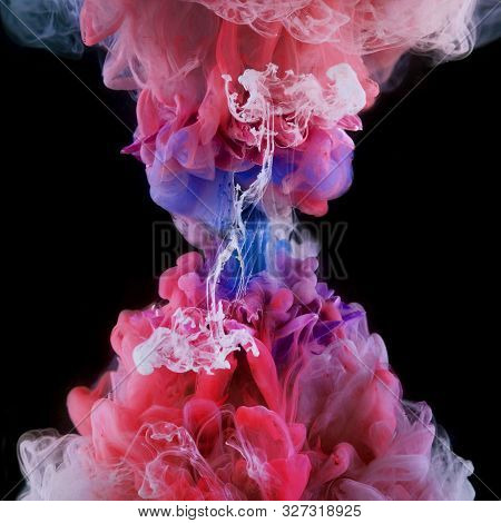 Splashes Of Colored Ink In Water, Bright Colors. Creative And Color Mix, Abstract Swirls Of Differen