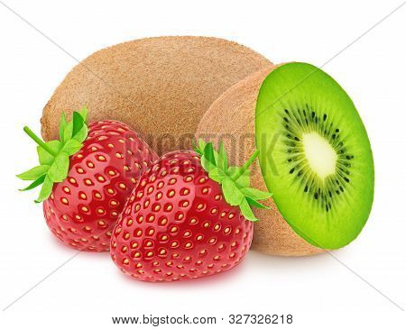 Composite Image With Whole And Halved Kiwi And Strawberry Isolated On A White Background.