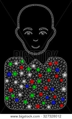 Bright Mesh Bald Bureaucrat With Glare Effect. White Wire Carcass Polygonal Mesh In Vector Format On