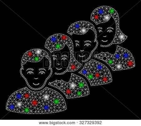 Bright Mesh People Queue With Lightspot Effect. White Wire Carcass Triangular Mesh In Vector Format 