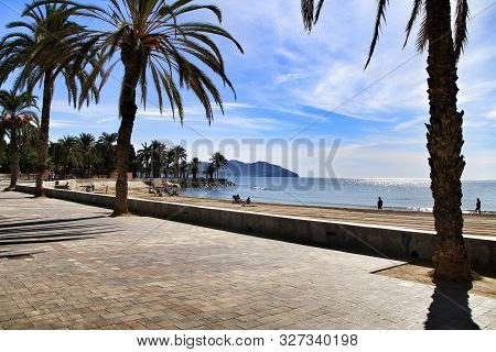 Mazarron, Murcia, Spain- October 3, 2019: Beautiful Beach View From The Promenade In A Sunny And Cle