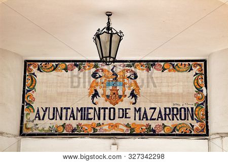 Mazarron, Murcia, Spain- October 3, 2019: Ayuntamiento De Mazarron Phrase Written On A Ceramic Plate